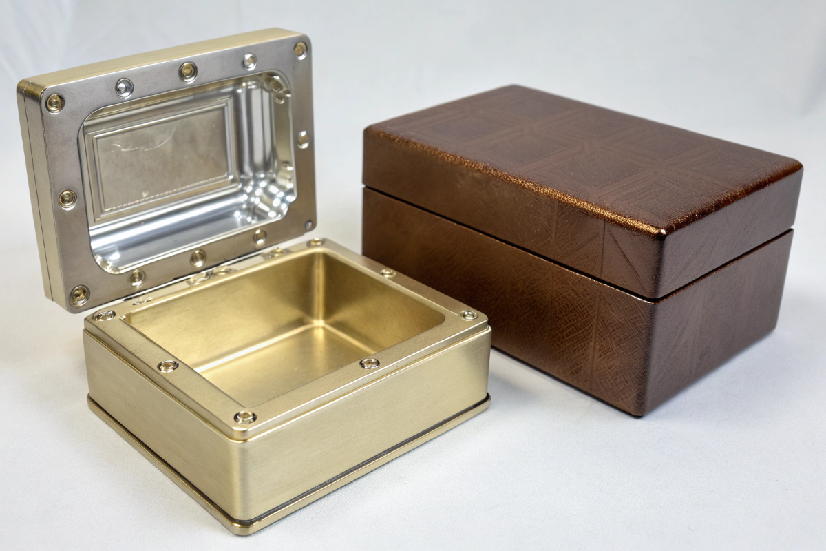 A metal mold for a custom jewelry box next to a finished PU box