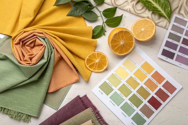 a variety of sustainable material swatches like rPET velvet, lyocell, and organic cotton