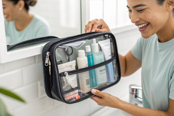 a person happily using a premium toiletry bag with a soft, flexible TPU window