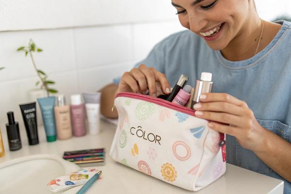 A person happily using a well-loved iColor cosmetic bag after several years