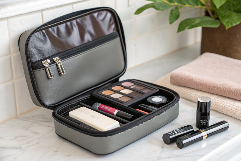 A sleek, handheld makeup travel case that is both the product packaging and a long-term usable accessory.