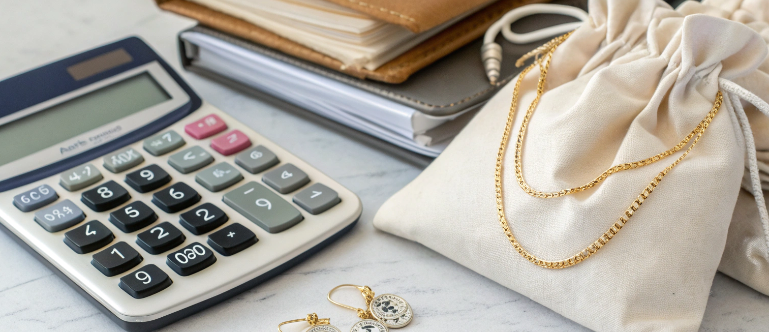 A small stack of custom jewelry boxes next to a calculator, representing MOQ planning