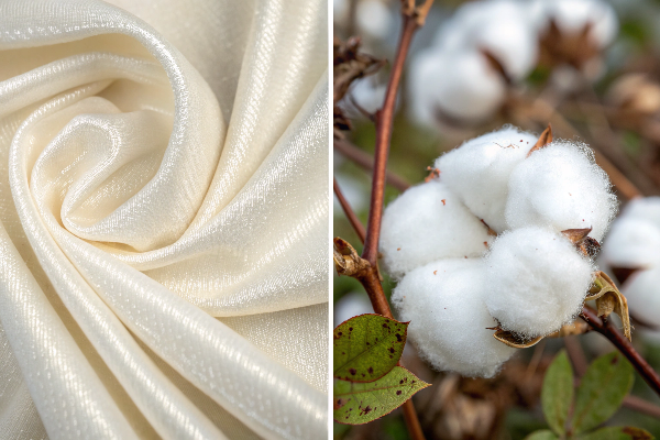 A split image showing the texture of rPET on one side and organic cotton on the other