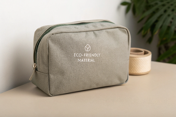 A stylish, functional makeup bag made from eco-friendly material, with an understated logo