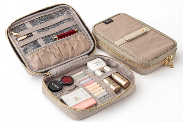 A travel makeup bag shown open with its removable pouches and compartments displayed separately