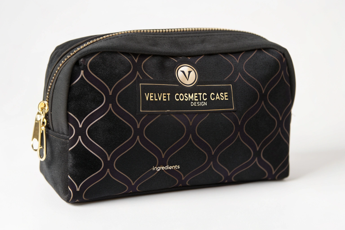 A cosmetic box design in Adobe Illustrator, showing proper placement of the logo, brand patterns, and a dedicated block for ingredients text.