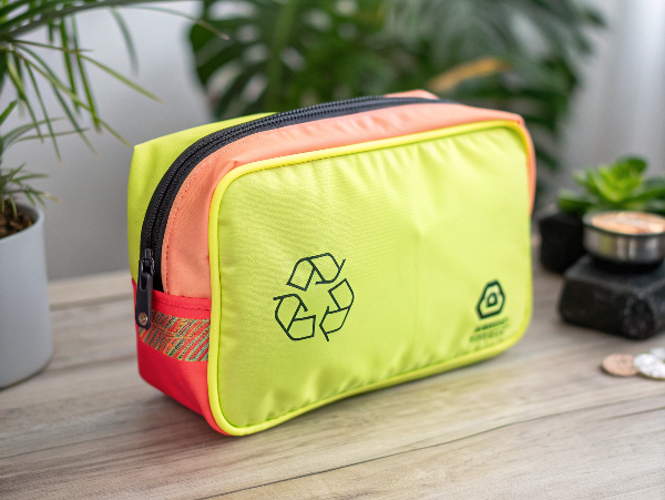 A vibrant, modern makeup bag made from rPET fabric, with an icon showing it comes from plastic bottles