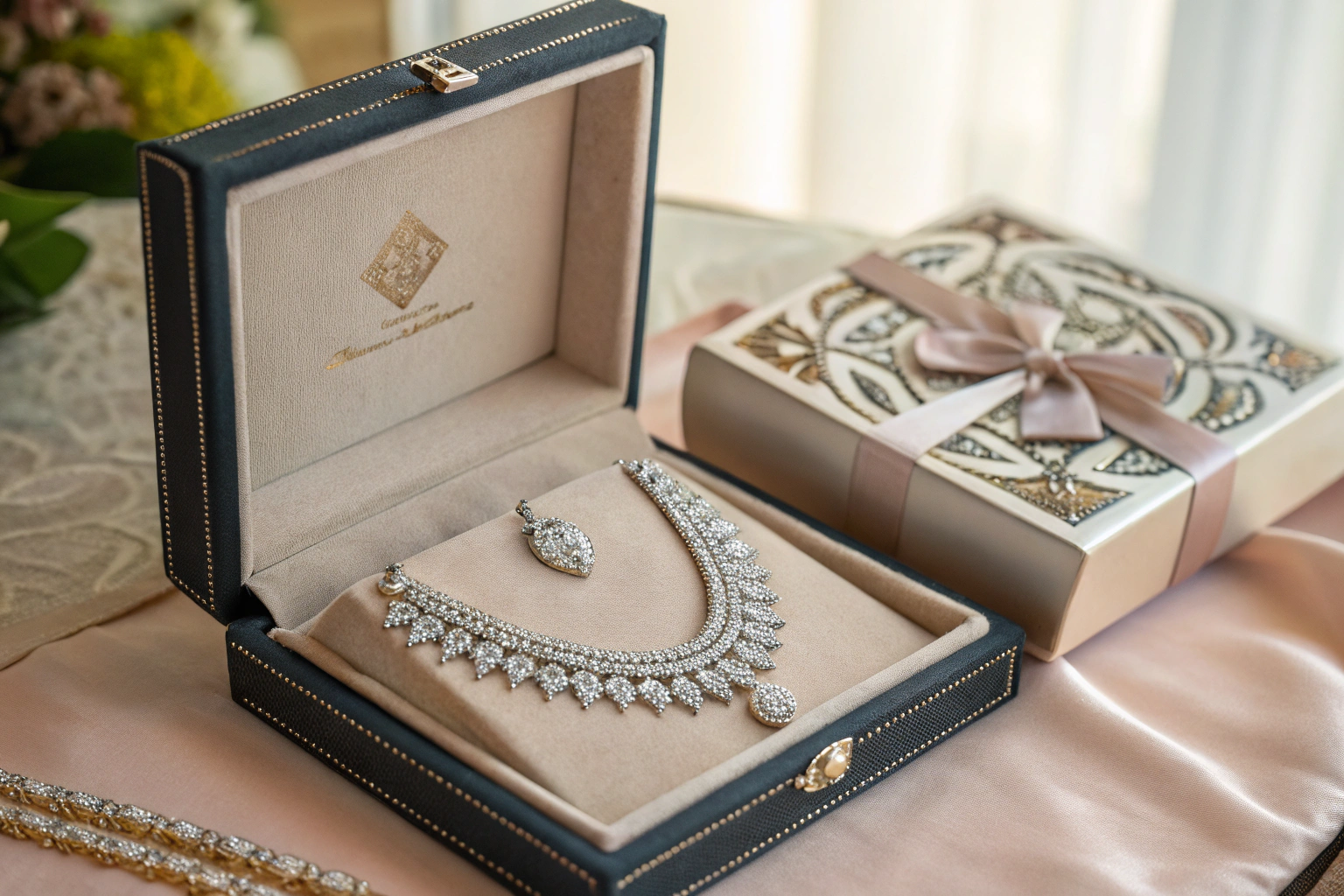 An elegant, high-end jewelry box being opened to reveal a beautiful necklace, creating a "premium unboxing" experience.