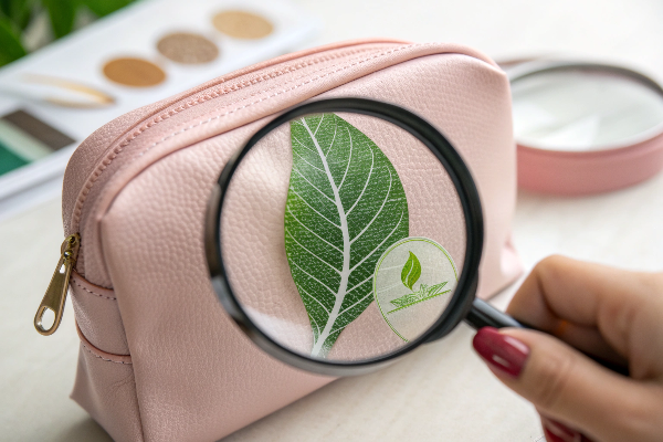 An magnifying glass examining a green leaf logo on a makeup bag