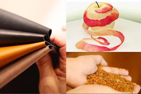 Different types of vegan leather swatches including recycled PU and apple leather
