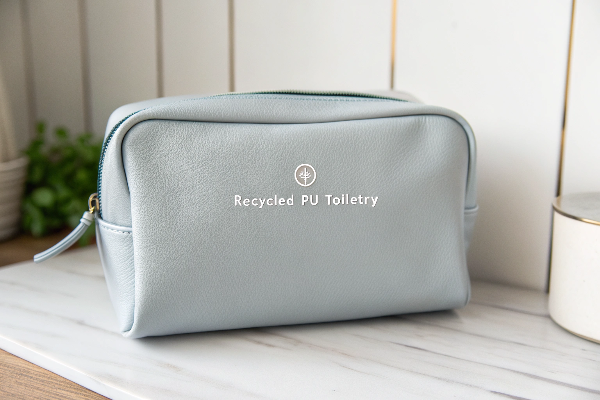 Brand logo on a recycled PU toiletry bag