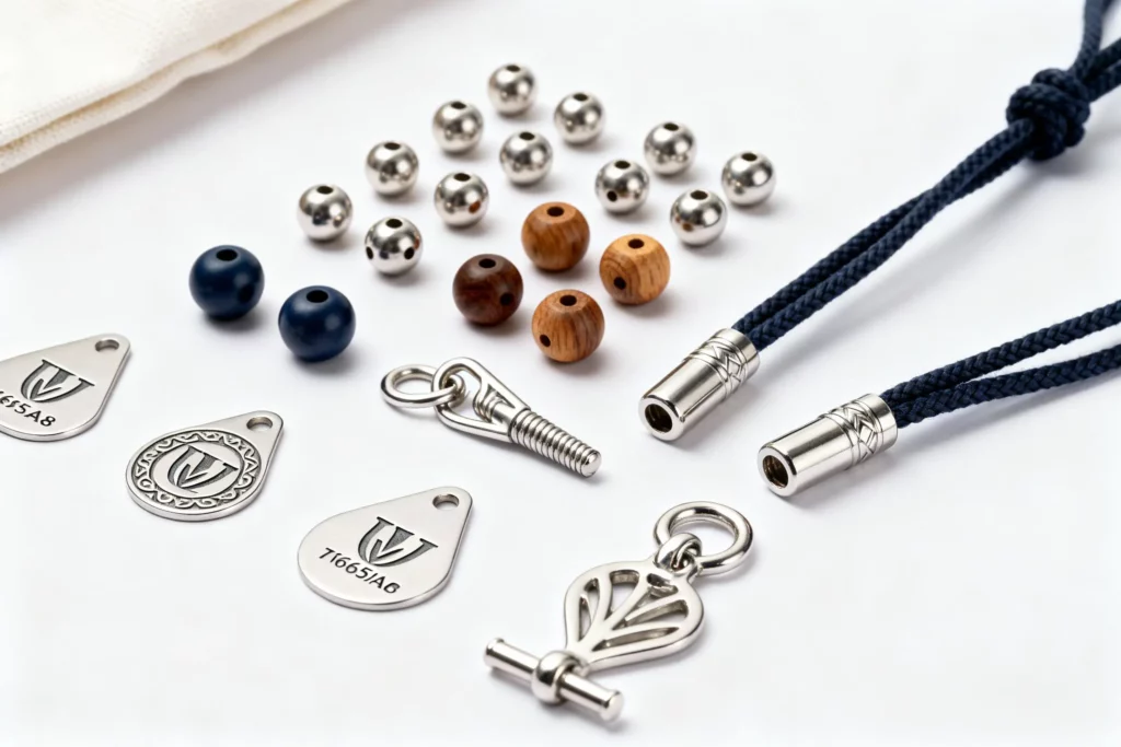 Custom hardware accessories for drawstring bags including metal beads, wooden beads, custom-shaped cord ends, and branded metal tags.