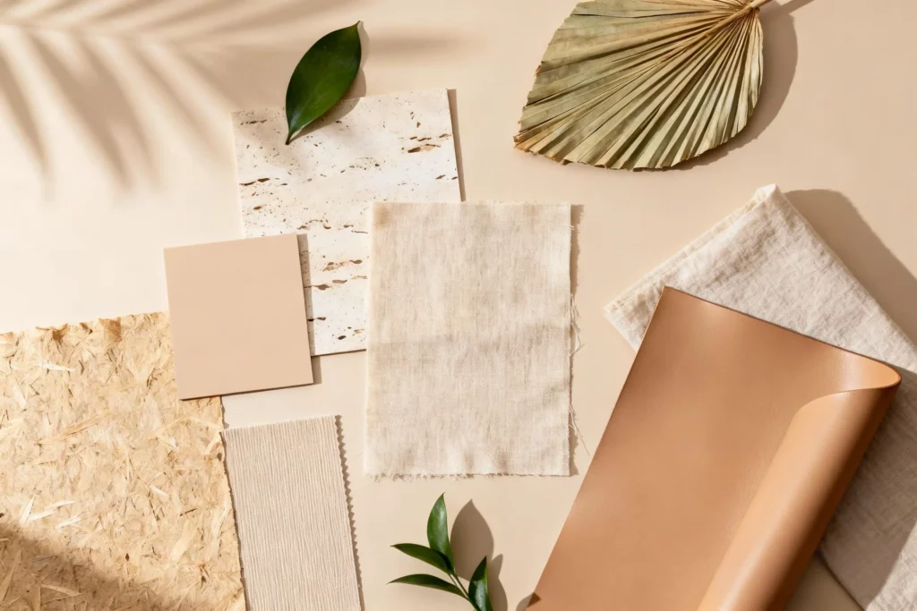 Eco-friendly studio composition showing natural plant-based elements and vegan materials, symbolizing sustainability and a low-carbon future.
