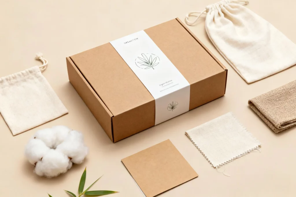 Natural and plant-based packaging materials display featuring organic cotton dust bags, rigid box wrapping, and eco-friendly fabric swatches for a unified brand unboxing experience.
