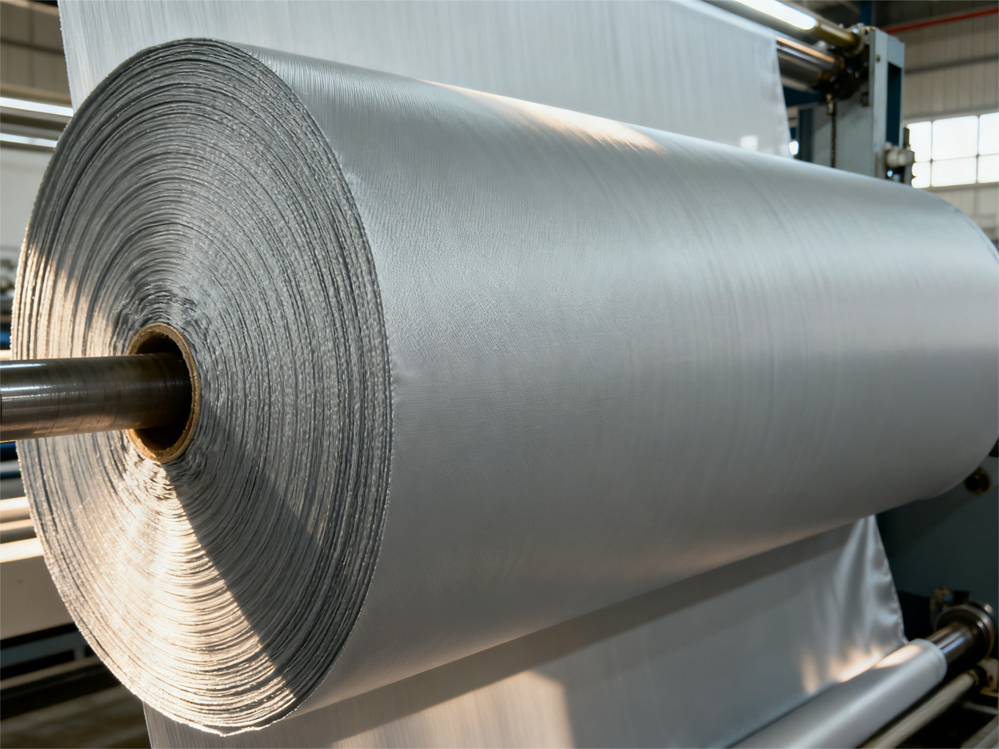 rolls of consistent, high-quality recycled nylon fabric in a factory setting