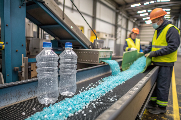 Plastic bottles being transformed into rPET fabric pellets