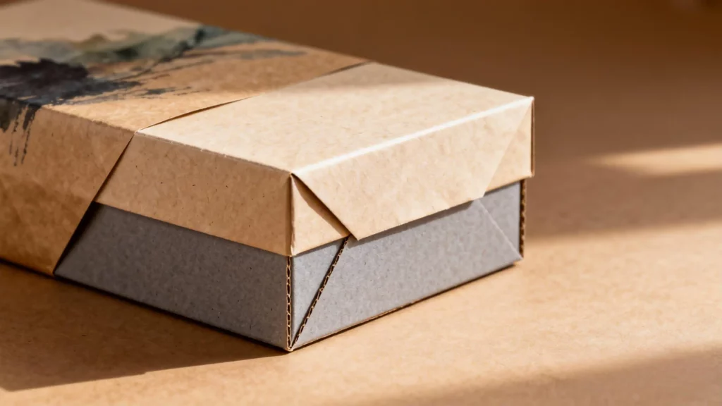Rigid box with exposed greyboard and premium art paper wrap.