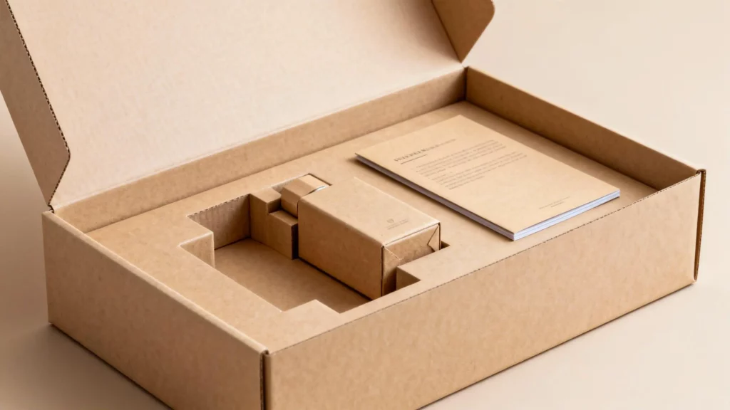 Opened recycled paper rigid box with a precision-engineered paper insert and matching instruction card, showcasing refined sustainable packaging craftsmanship.