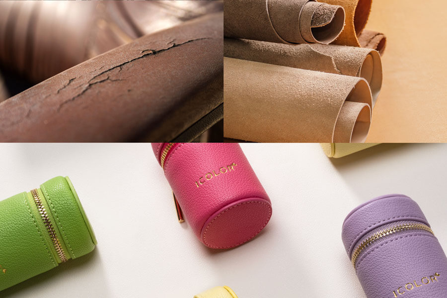 A close-up of high-quality recycled PU leather with a GRS certification logo nearby