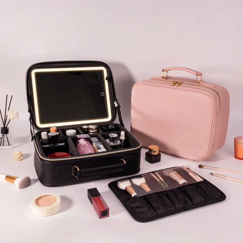 Makeup train case with integrated illuminated mirror