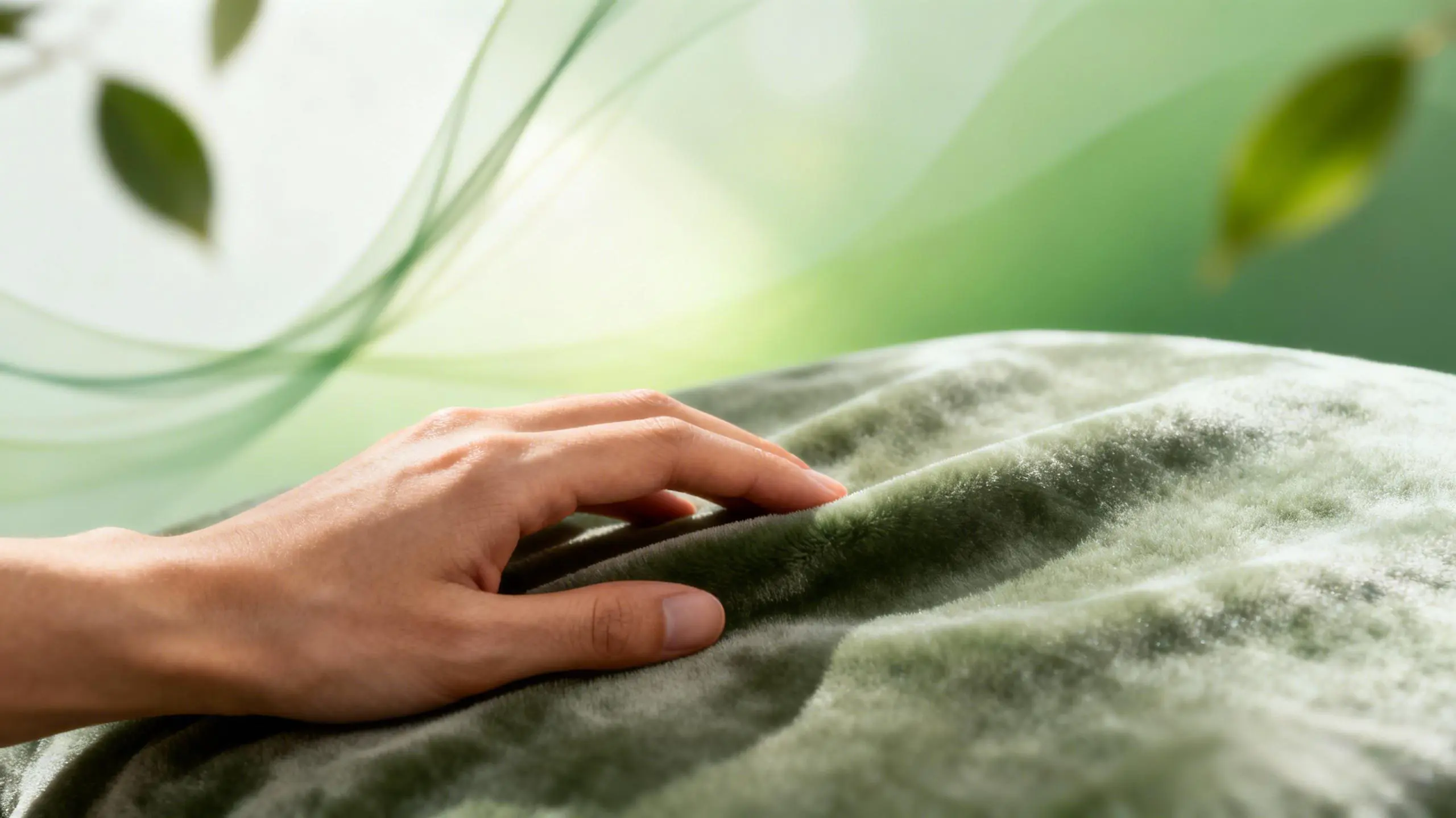 Hand gently touching soft recycled rPET fabric with abstract nature elements, symbolizing sustainable environmental impact.