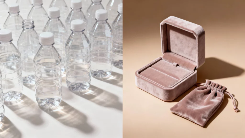 Visual showing the transformation of recycled plastic bottles into premium rPET velvet packaging materials, including a jewelry box and drawstring pouch.