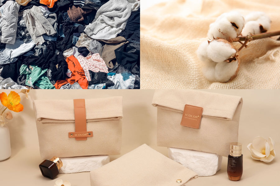 A soft, minimalist pouch made from recycled cotton with a simple screen-printed logo