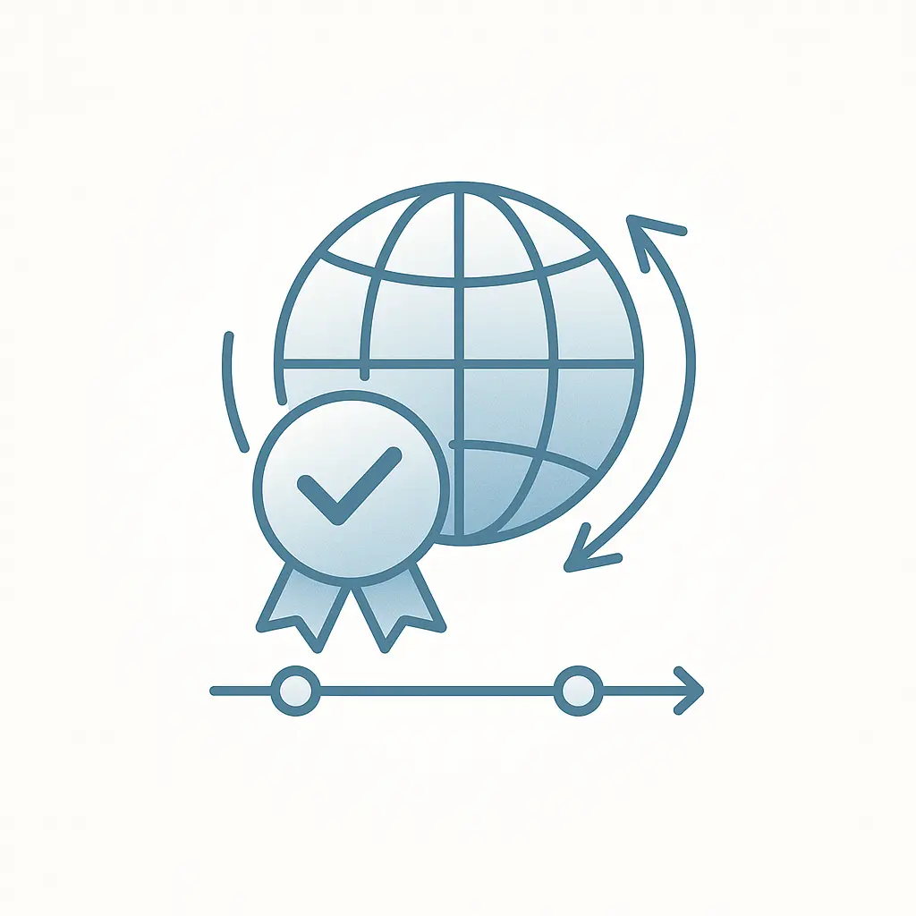 Reliable quality and global supply icon in #7695A8 representing stable lead times and worldwide fulfillment
