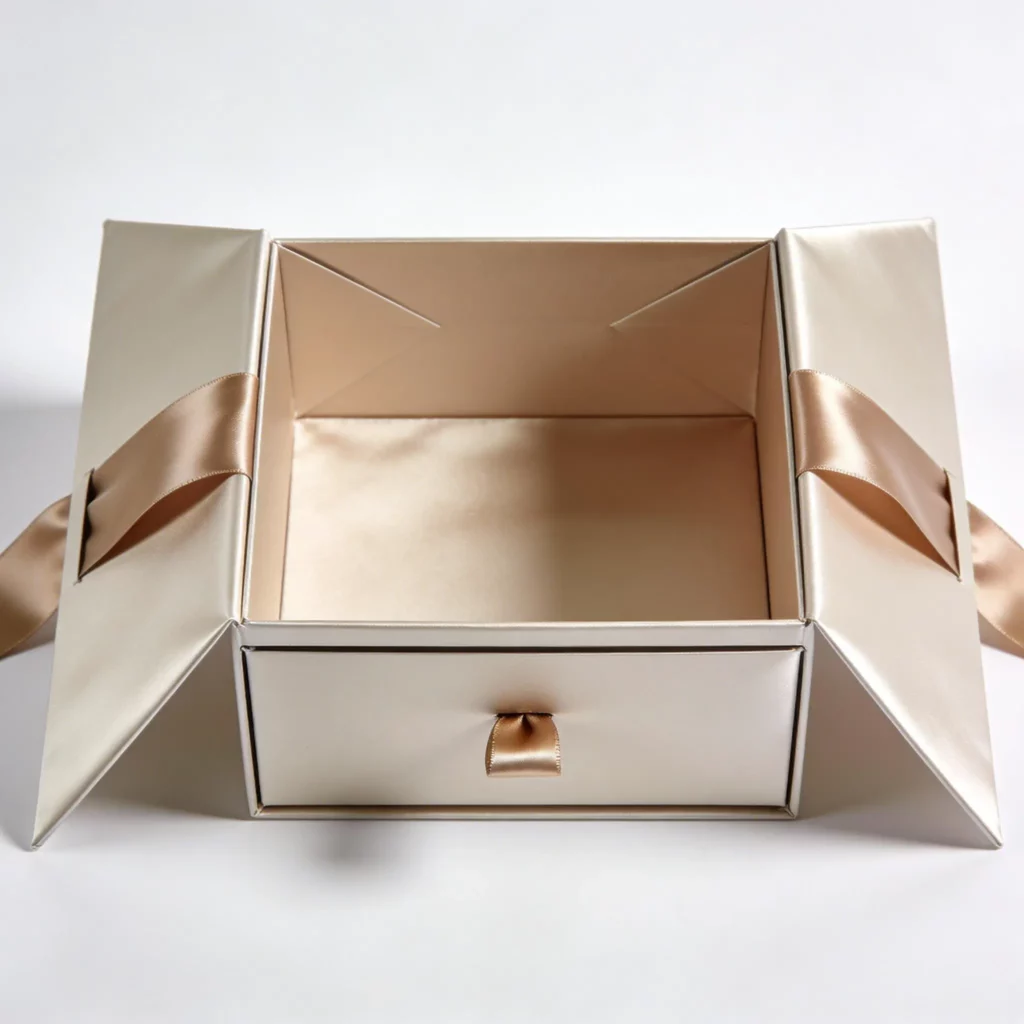 Foldable gift box with satin ribbon closure for elegant corporate gifting