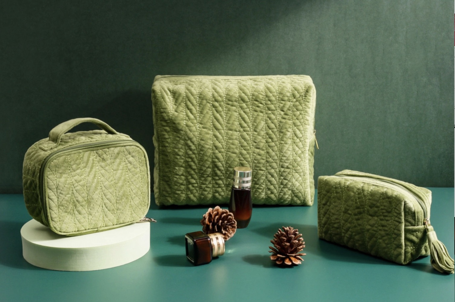 A collection of rPET velvet drawstring pouches in festive colors like red, green, and white