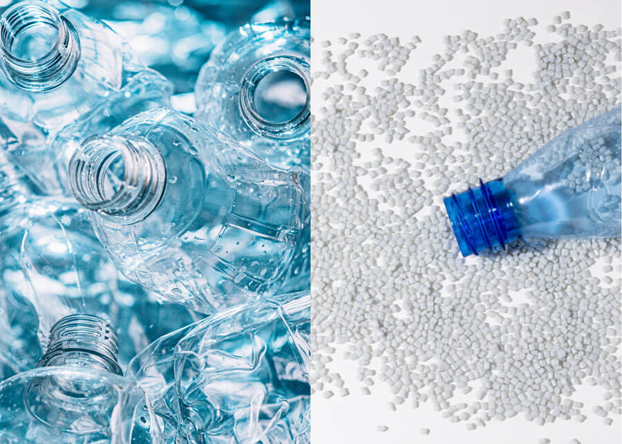 A display of recycled materials: rPET canvas, recycled cotton, and recycled PU leather