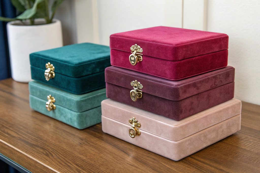 Stacks of velvet jewelry boxes ready for shipment and carton packing