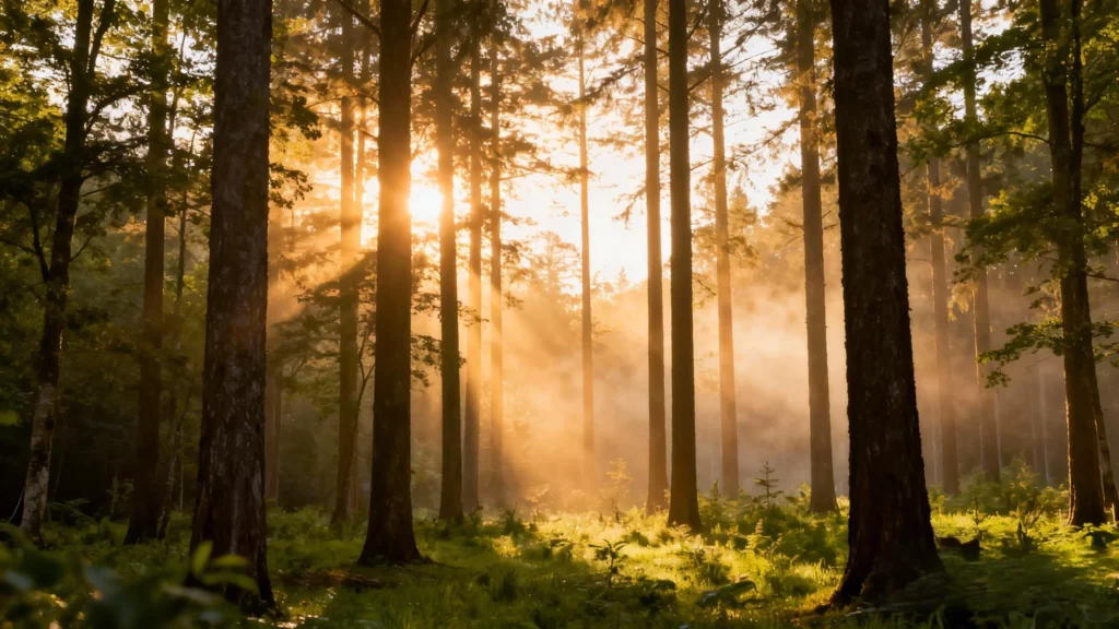 Sunlight filtering through a serene forest, representing sustainability and the environmental benefits of recycled paper.