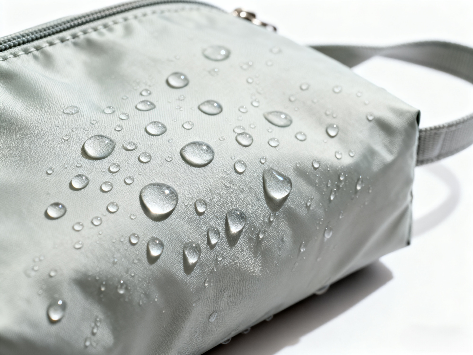 water beading on the surface of a recycled nylon toiletry bag