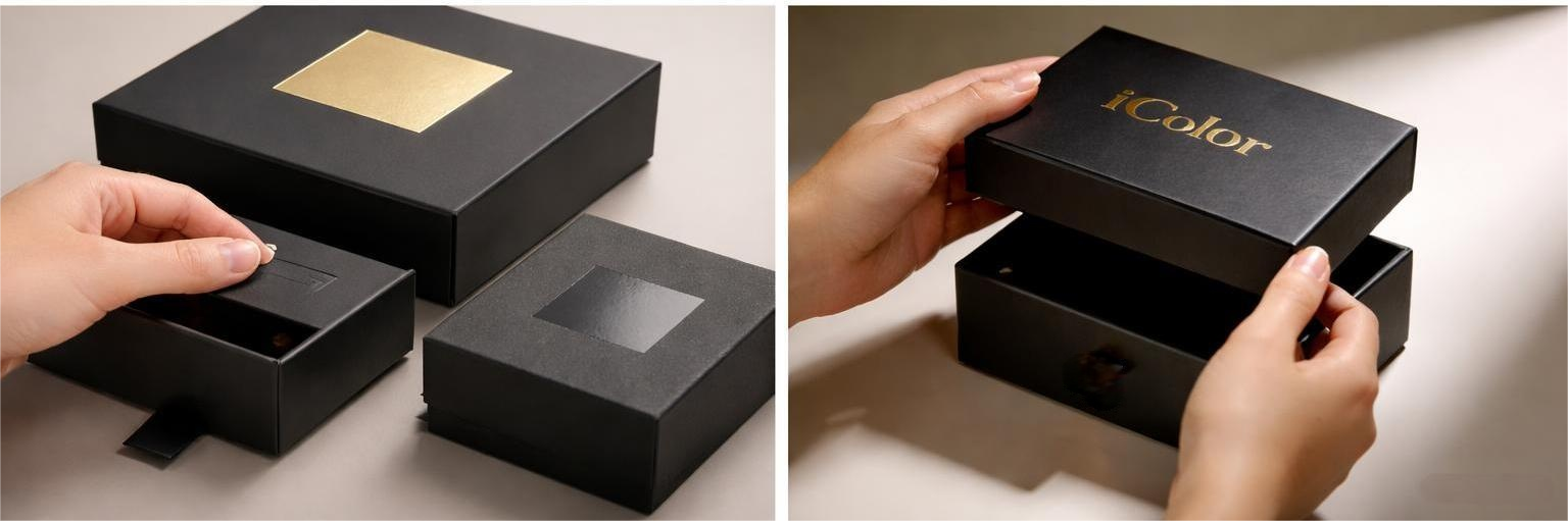 A hand slowly sliding open a drawer box vs a hand lifting a lid off a box