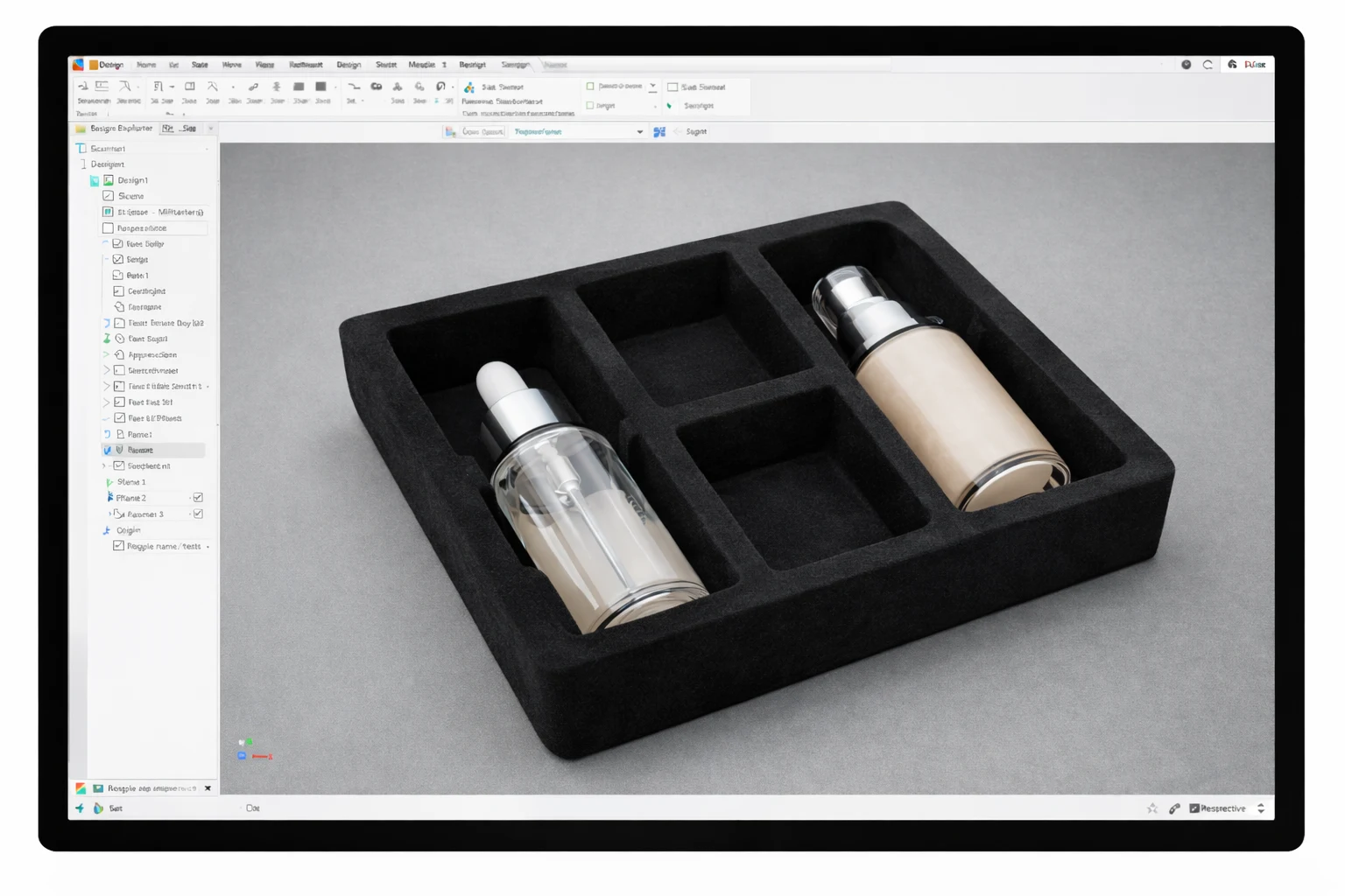 CAD product map showing cosmetic bottles inside a custom insert