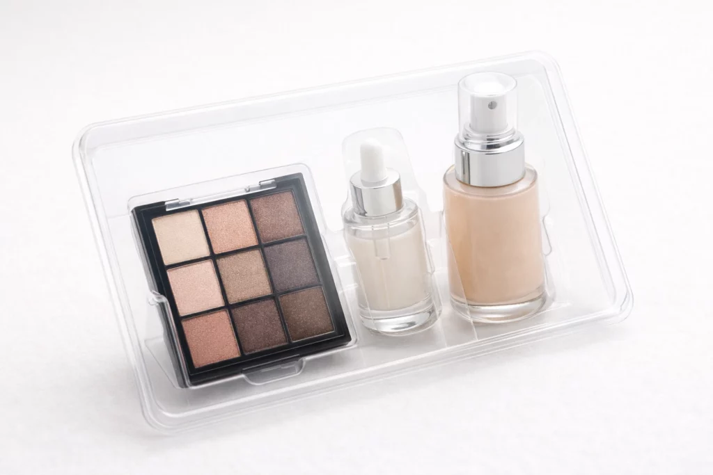 Transparent rPET tray insert providing secure and visible display for cosmetic packaging
