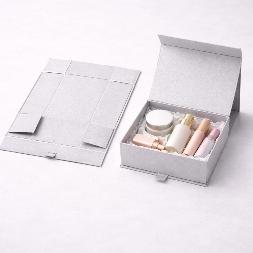 Open collapsible cosmetic gift box with product set