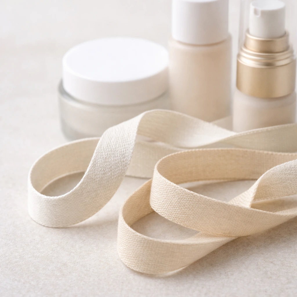 Cotton and Tencel ribbons used in sustainable cosmetic packaging