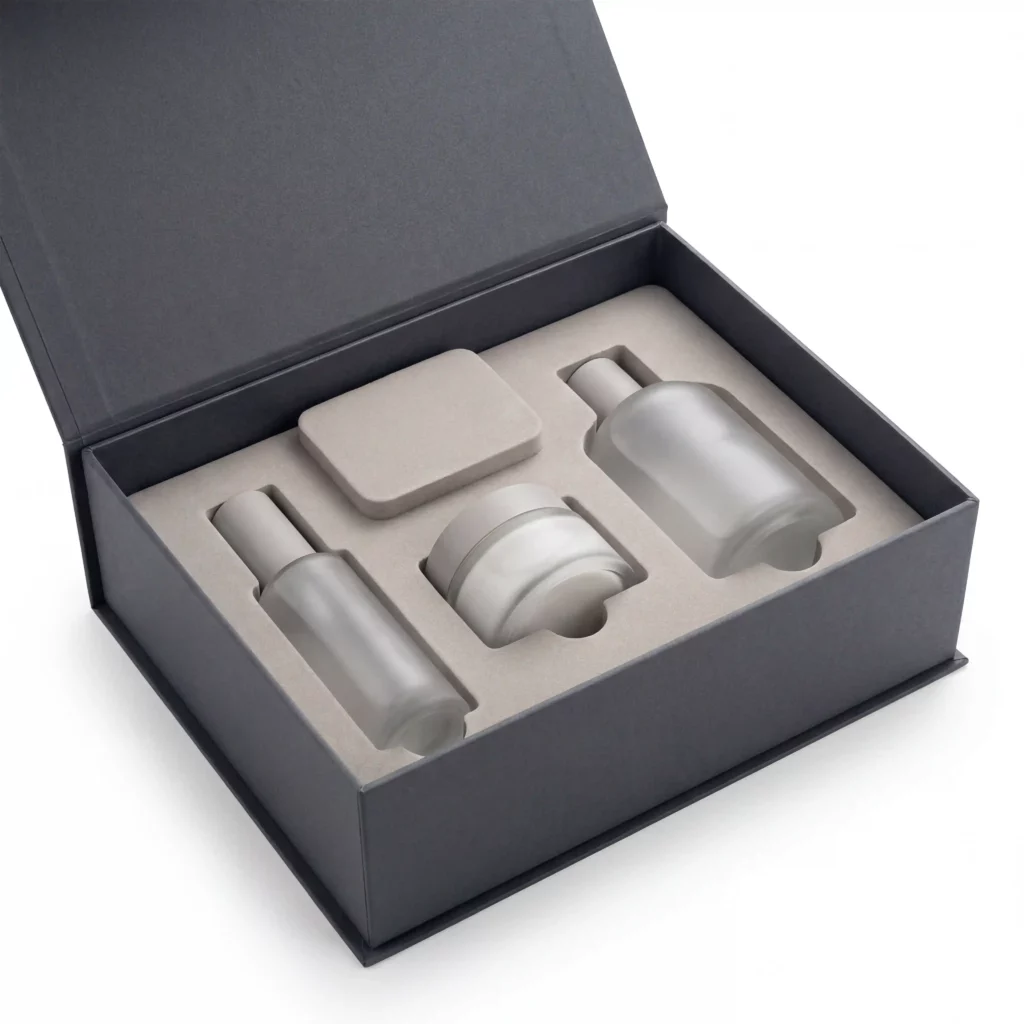 Custom cosmetic box inserts precisely tailored to fit different bottle shapes for secure and protective packaging