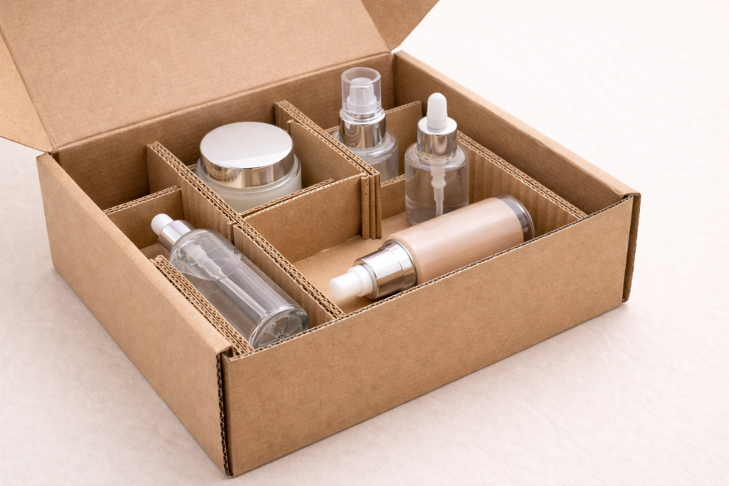 Corrugated cardboard insert tightly fitting cosmetic bottles to prevent movement during shipping