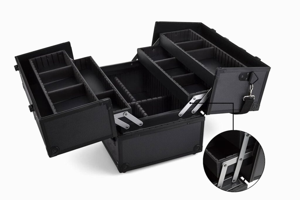 Hidden cantilever hinge mechanism enabling an automatic lifting tray inside a custom cosmetic case, engineered for a seamless unboxing experience.