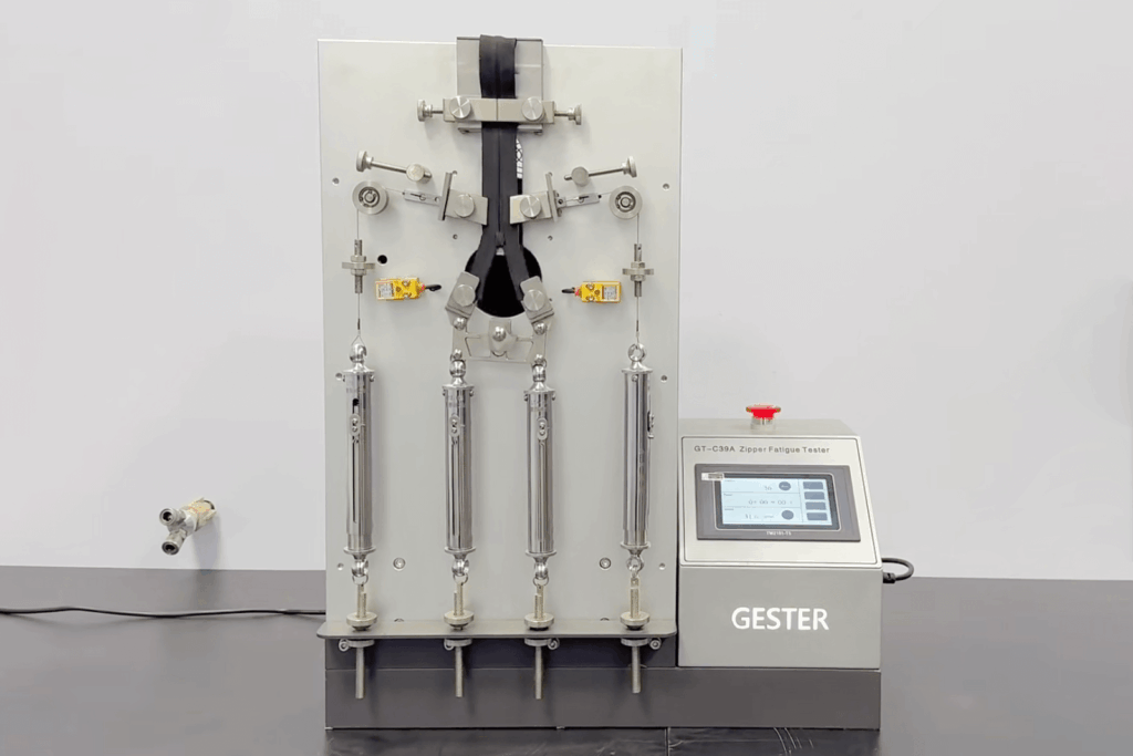 In-house zipper fatigue testing machine used to validate durability and smooth operation of custom cosmetic cases before production.