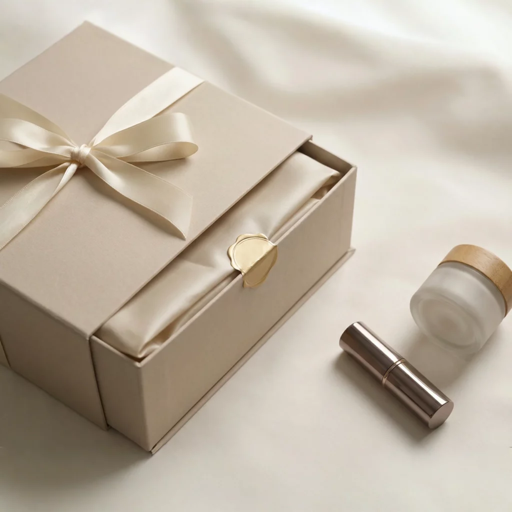 Luxury cosmetic packaging with satin ribbon and branded sticker creating a refined unboxing experience