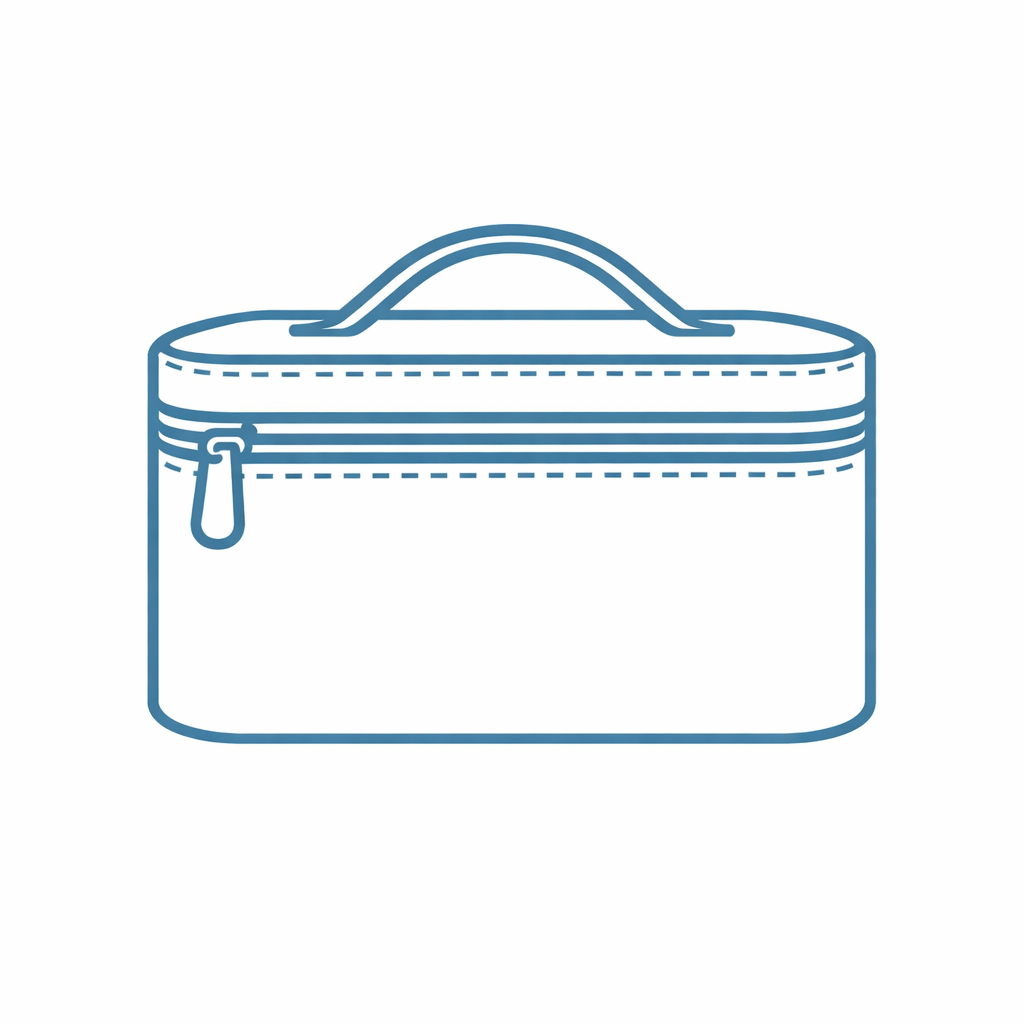 Portable cosmetic case icon highlighting ergonomic handle, secure locking, and practical design