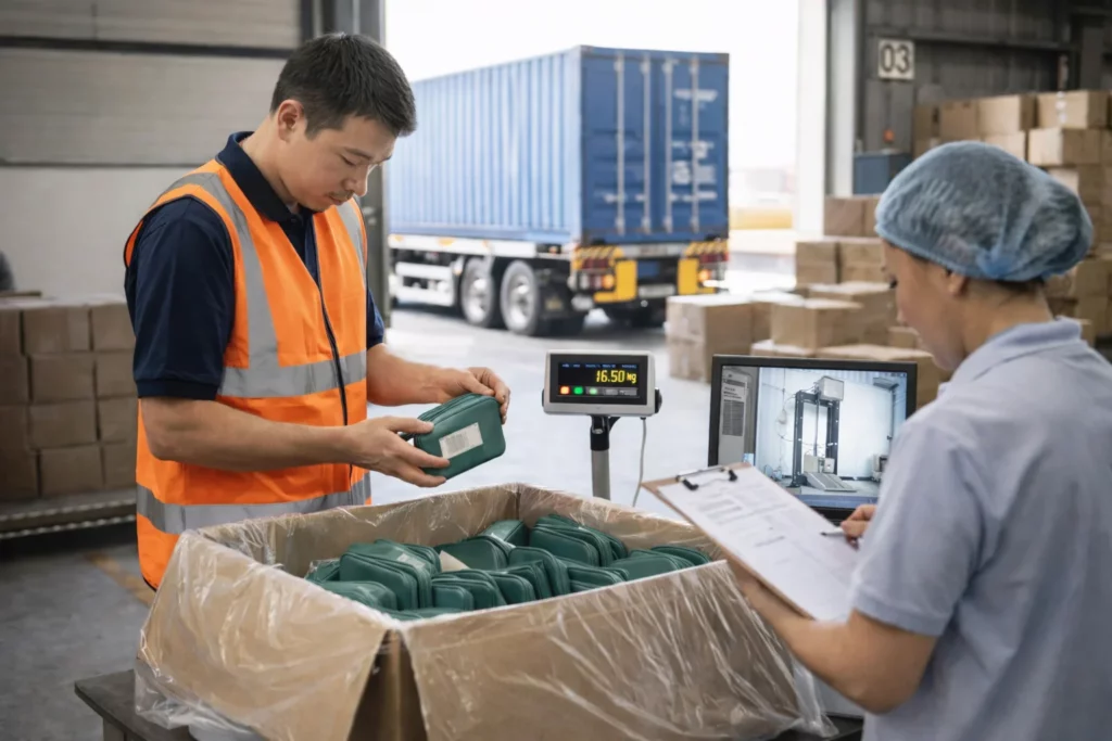 Pre-shipment quality inspection for cosmetic pouch manufacturing including final checks, weighing, and packaging verification