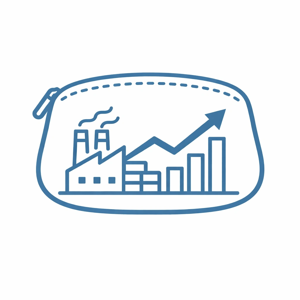 Scalable and reliable production icon representing high-capacity cosmetic bag factory supporting flexible and large-scale orders