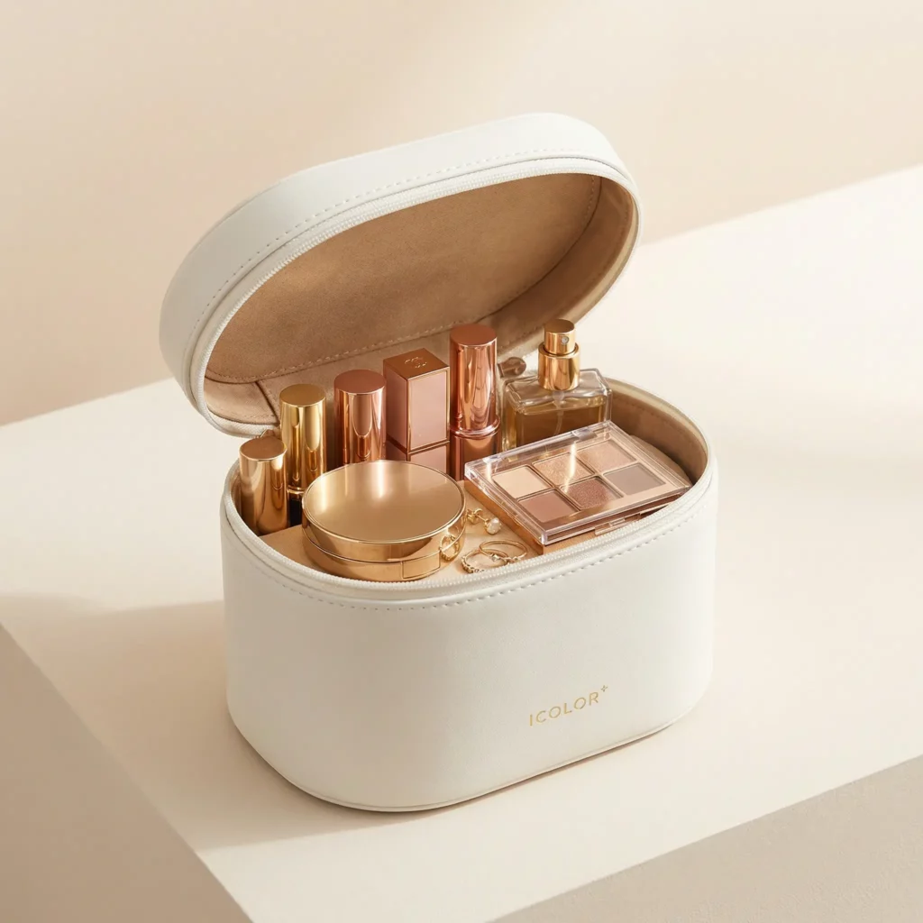 Stitched vanity case with structured interior for premium cosmetic storage and reusable luxury packaging