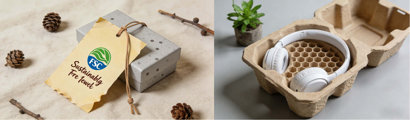 diagram comparing sustainable packaging materials like FSC paper and molded pulp