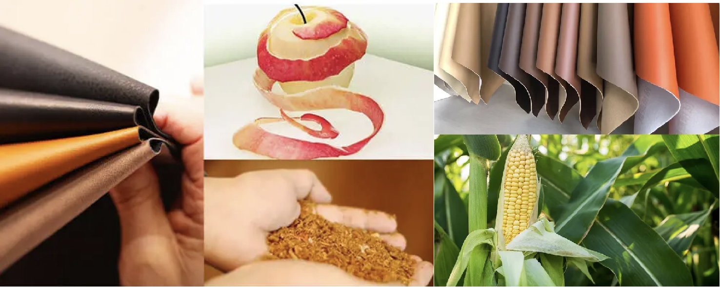 Sustainable plant-based leather swatches including Cactus, Apple, and Pineapple for custom cosmetic bags